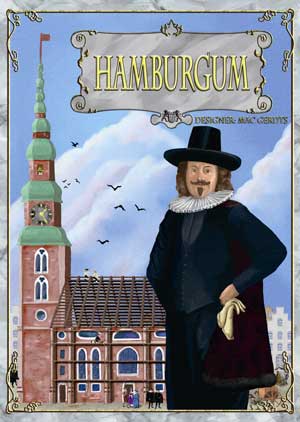 Box art from Hamburgum: a burgher in front of a Hamburg church under construction