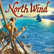 Cover art from North Wind: a mariner perched on the rigging of a sailing ship uses a telescope