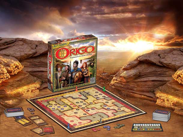 Dramatic marketing photo of Origo game box and components against a sunrise