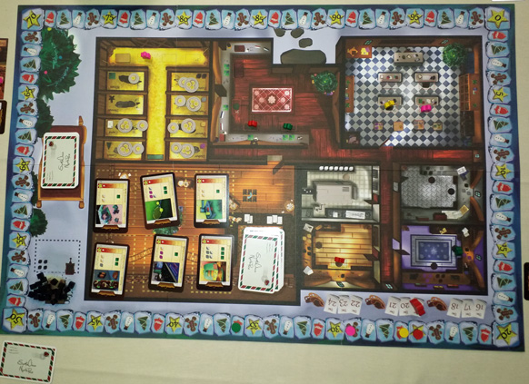 Santa's Workshop in play, showing the main board with pawns in position