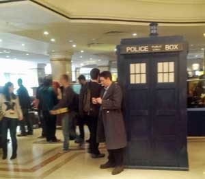 The entrance hall at the UK Games Expo 2014 with the TARDIS, look-alikes and gamers
