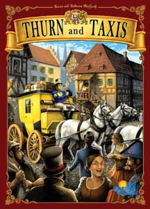 Thurn & Taxis box art: a post coach drives into a medieval town